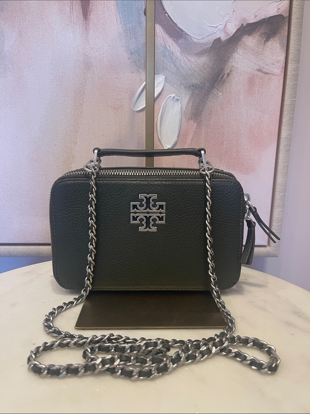 Tory Burch Dark Green Britten Leather Top-Handle Bag with Chain